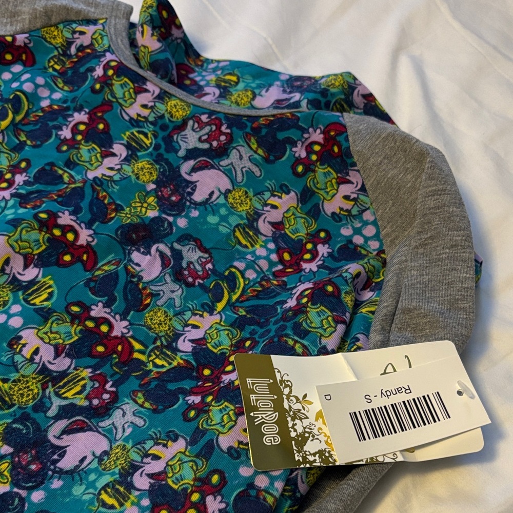 LuLaRoe Disney Minnie Mouse Floral Teal and Gray 3/4 Randy Top